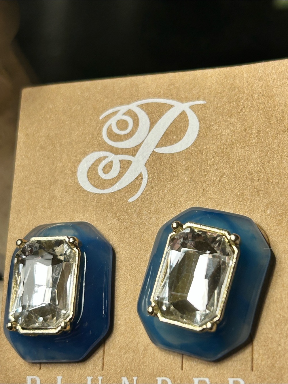 Blue Crystal Octagon Stud Earrings pierced jewelry gold tone